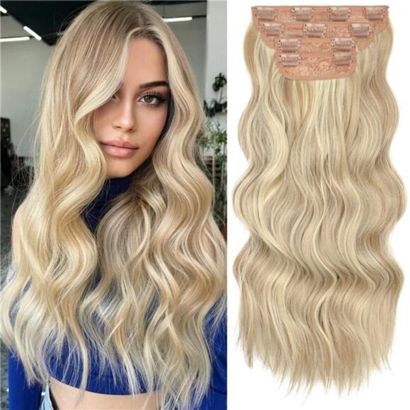 4PCS Clip in Long Soft Hair Extensions Synthetic Highlighted Golden Brown